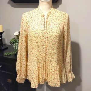 Pleione yellow blouse with pink flowers/green leaves size small